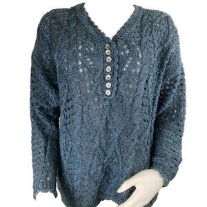 Crochet Sweater Womens M Indigo Blue Cotton Blend J&M Varon Vintage Handknit